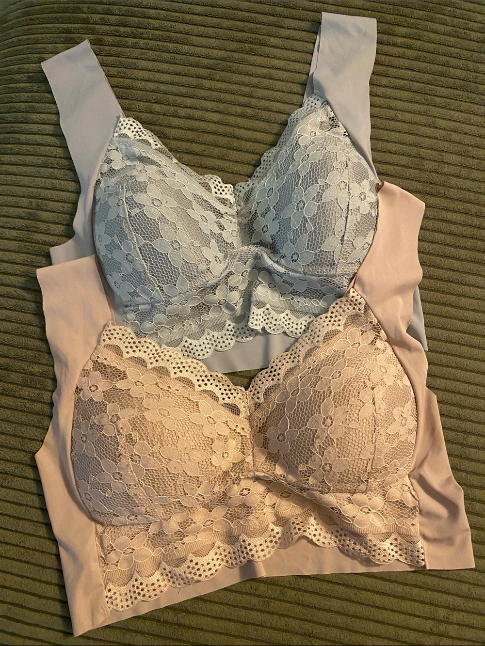 Lace Comfort Bralettes in Blush Pink and Gray Blue